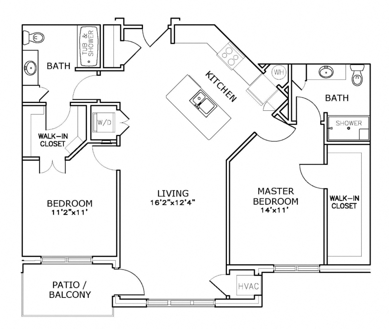 Floor plan for 2 beds, 2 baths, 1110 sqft
